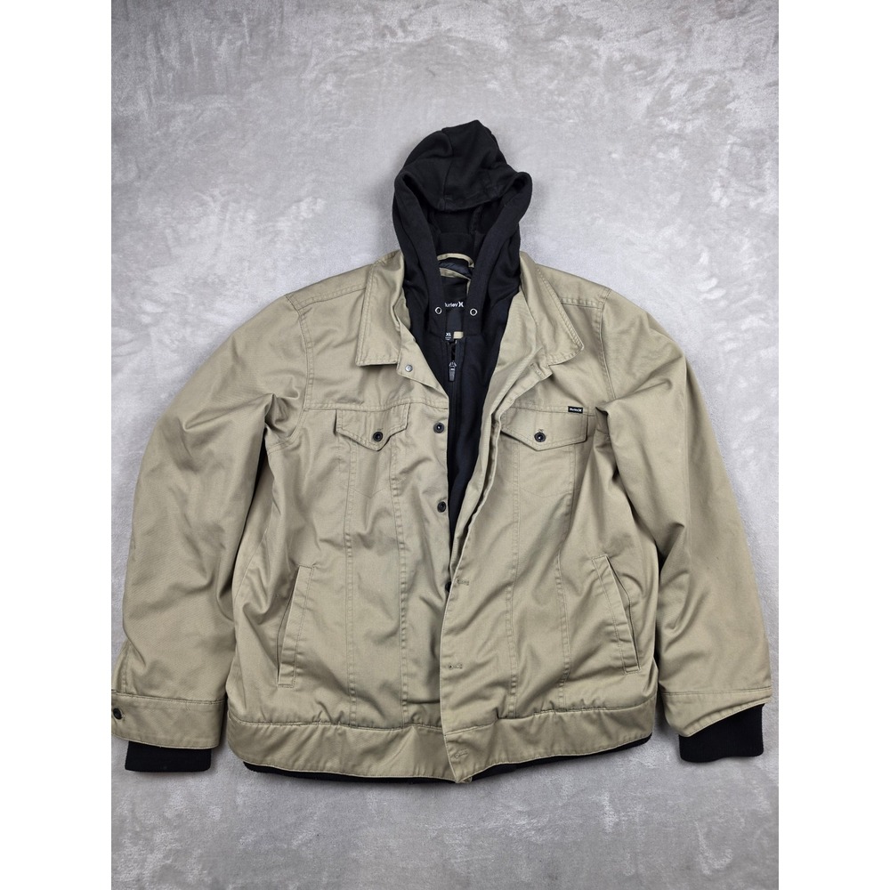 Hurley Hooded Jacket Mens XL Tan Black Zip Up Layered Look Workwear